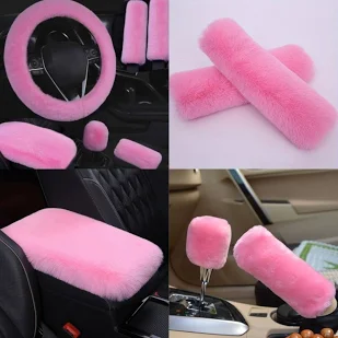 3pcs Wool Fur Soft Furry Steering Covers - Pink Steering cover